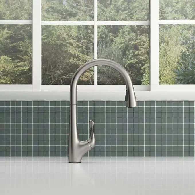 Photo 1 of Kohler Bevin Pull-Down Kitchen Faucet Vibrant Stainless Finish Sprayhead