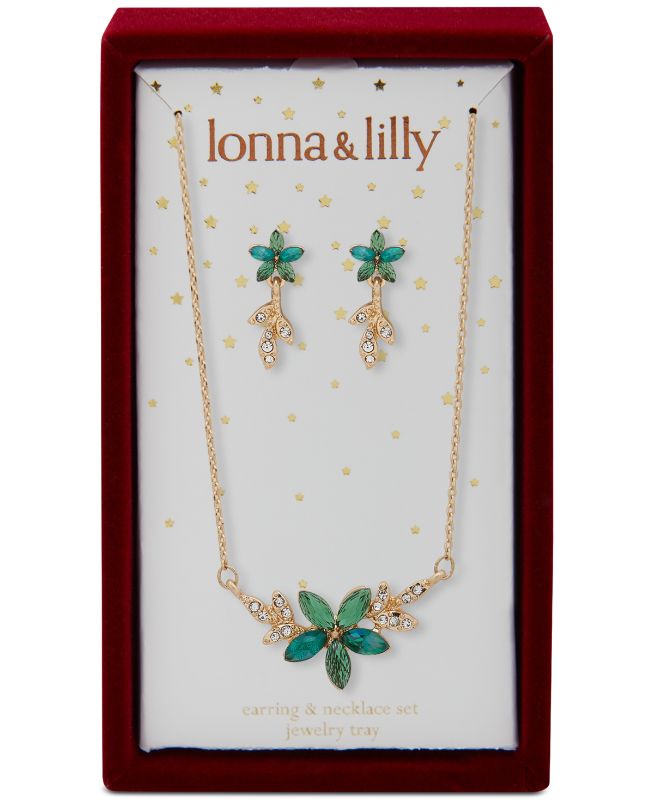 Photo 1 of Lonna & Lilly Gold-Tone Mixed Stone Flower Statement Necklace & Drop Earrings Set - Green