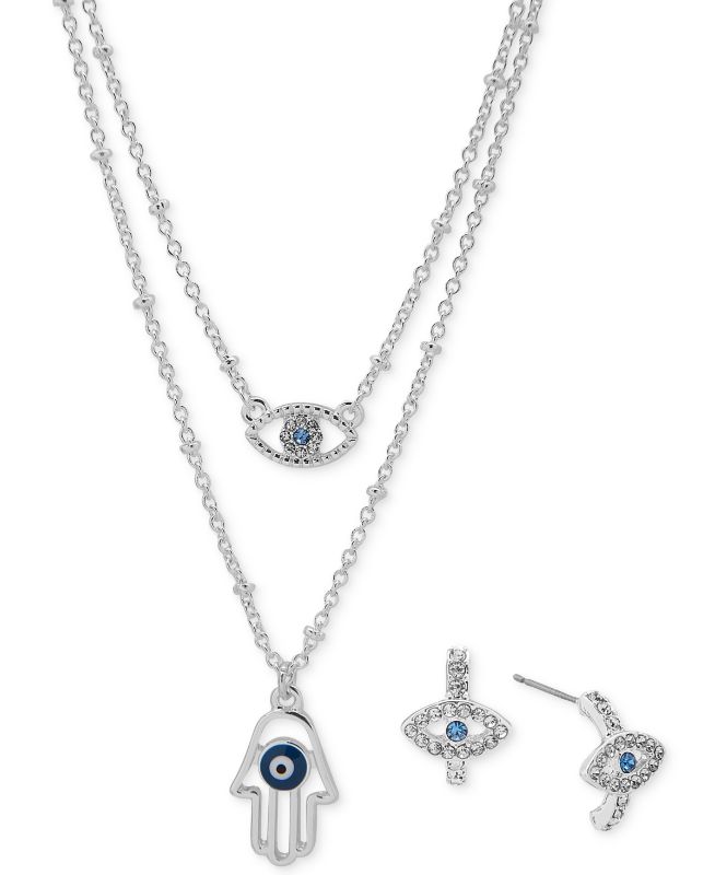 Photo 1 of Lonna & Lilly Silver-Tone Pave Evil Eye & Hamsa Hand Layered Pendant Necklace & Drop Earrings Set - Navy