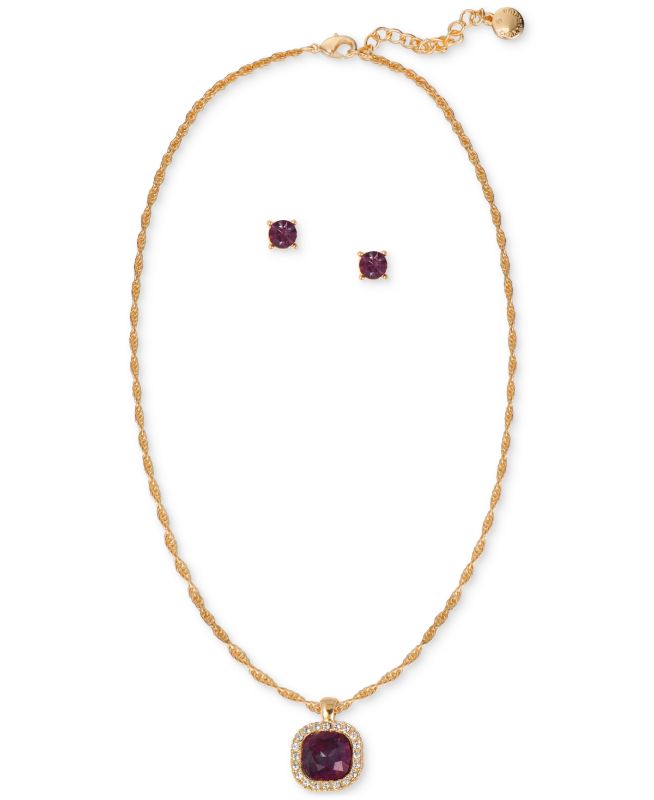 Photo 1 of Charter Club Gold-Tone Pave & Color Stone Pendant Necklace & Stud Earrings Set, Created for Macy's - Purple