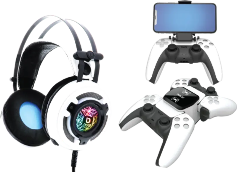 Photo 1 of The Bionik Pro-Kit PS5 accessories made to improve your next generation gaming experience. CLR-50 Over-ear gaming headsets with powerful 50mm drivers, integrated microphone and RGB color feature. Charging Base Dual-port controller charger with back-lit in