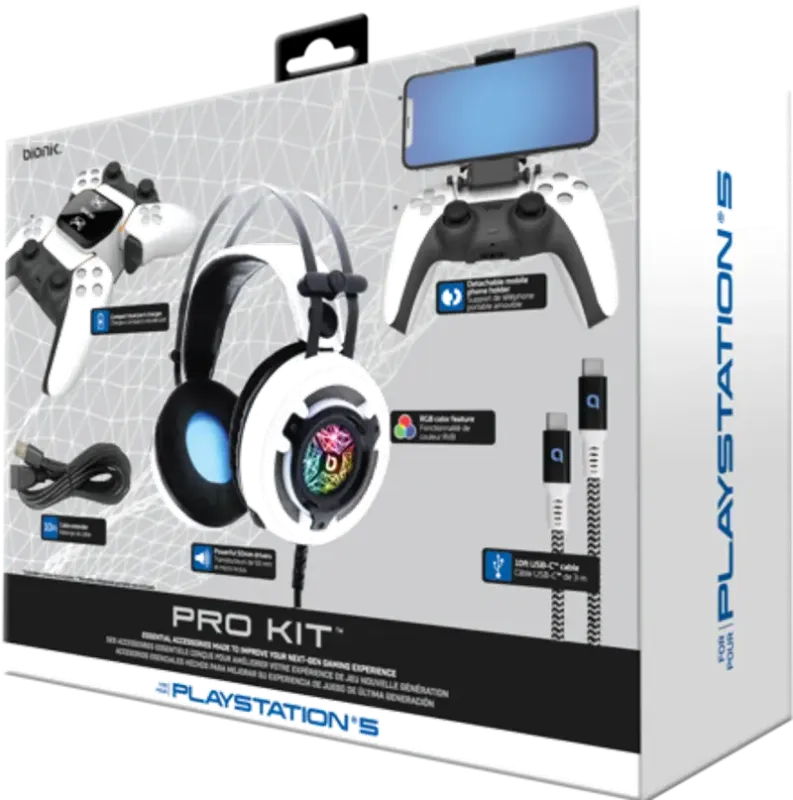 Photo 1 of The Bionik Pro-Kit PS5 accessories made to improve your next generation gaming experience. CLR-50 Over-ear gaming headsets with powerful 50mm drivers, integrated microphone and RGB color feature. Charging Base Dual-port controller charger with back-lit in