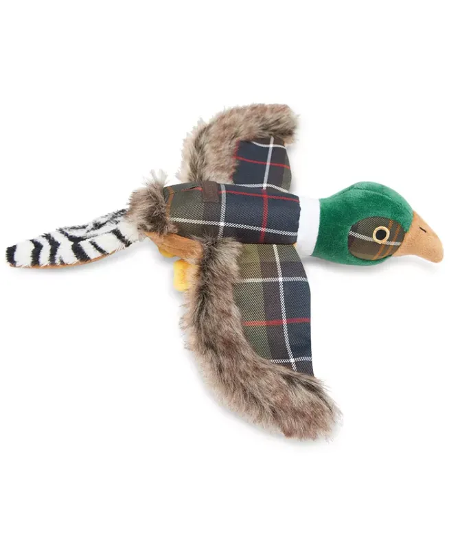 Photo 3 of Barbour Plaid Logo Pheasant Squeaker Stuffed Dog Toy. Made in Germany. Your pup will be eager to bird-dog this one! This soft Barbour features a fetch-ready shape and a fun squeaker inside. Approx. dimensions: 36 cm x 31 cm x 6 cm. Squeaker inside. Shell: