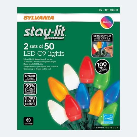 Photo 1 of Sylvania Stay-lit C9 LED Light Set 50 Count (Pack of 2 in the box) total of 100. Sylvania Stay-lit C9 LED Light Set 50 Count (Pack of 2) The Sylvania Stay-lit C9 LED Light Set brightens your home with sparkling light. Sets are designed with advanced techn