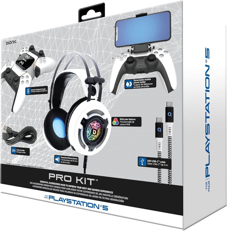 Photo 1 of Bionik Pro Kit for PlayStation 5: Powerful 50mm Gaming Headset with RGB Color, Controller Charge Base, Phone Holder, Lynx Cable & USB Cable.
Includes all of the critical accessories needed for your next-gen console. Including powerful over-ear headphones 