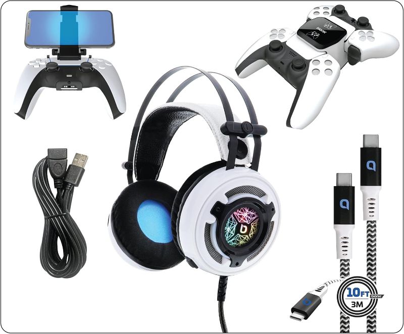 Photo 5 of Bionik Pro Kit for PlayStation 5: Powerful 50mm Gaming Headset with RGB Color, Controller Charge Base, Phone Holder, Lynx Cable & USB Cable.
Includes all of the critical accessories needed for your next-gen console. Including powerful over-ear headphones 