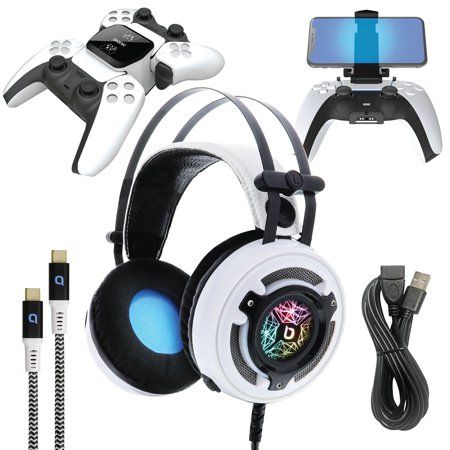 Photo 2 of Bionik BNK-9083 PS5 Pro Kit - Essential Accessories - Headset, Charge Base, Cable. Features Kit includes CLR-50 headset, dual controller charge base, controller phone holder, lynx charge cable, USB cable extender, and user manual; CLR-50 over-ear gaming h