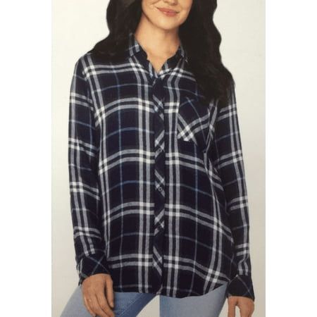 Photo 1 of SIZE M -  Well Worn Women Long Sleeve Button Down Shirt (Navy Sky Plaid Medium)