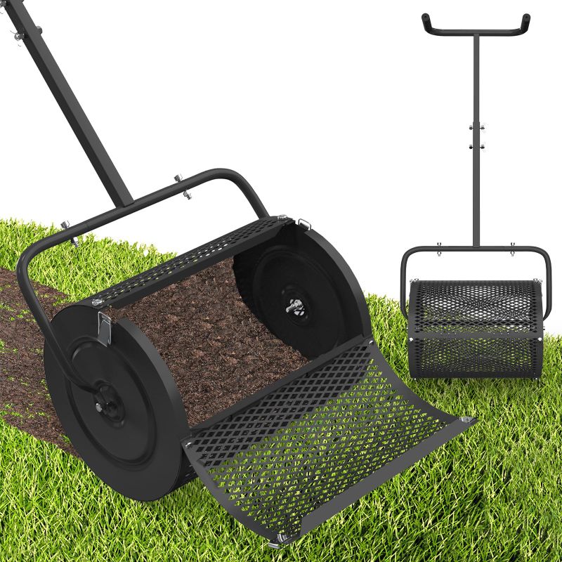 Photo 1 of Compost Spreader, Heavy Duty Lawn Spreader Roller Peat Moss Spreader with Adjustable U-Shaped Handle, Lightweight Metal Mesh Garden Spreader for Lawn Fertilizer Mulch Sand Soil Spreading Roller