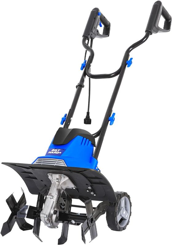Photo 1 of BILT HARD Electric Tiller Cultivator 14 inch, 10 Amp 4 Steel Tines Corded Tiller for Gardening with Foldable Handle, Portable Garden Rototiller with Adjustable Wheels