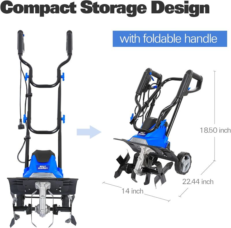 Photo 1 of BILT HARD Electric Tiller Cultivator 14 inch, 10 Amp 4 Steel Tines Corded Tiller for Gardening with Foldable Handle, Portable Garden Rototiller with Adjustable Wheels