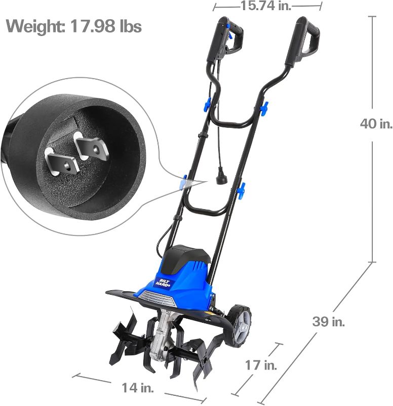 Photo 1 of BILT HARD Electric Tiller Cultivator 14 inch, 10 Amp 4 Steel Tines Corded Tiller for Gardening with Foldable Handle, Portable Garden Rototiller with Adjustable Wheels