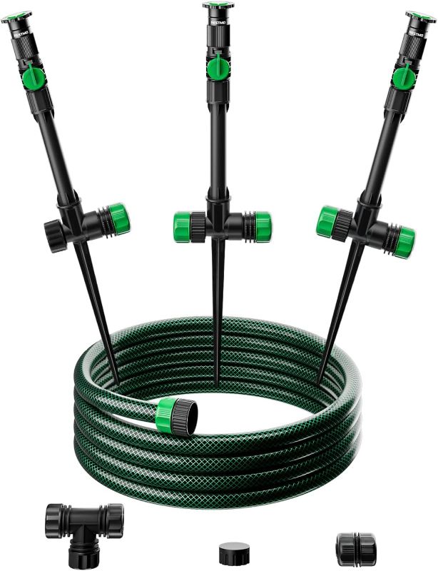 Photo 1 of RESTMO Flexible Sprinkler System with Metal Spike Base, Above Ground DIY Irrigation Kit, Multi-Adjustable Lawn Sprinkler Set, Ideal for Plant and Flower Bed Watering, 30ft Garden Hose Included