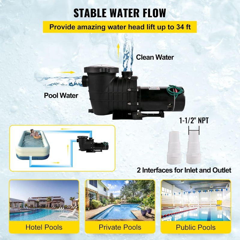 Photo 1 of VEVOR Swimming Pool Pump, 1HP 110V 5220GPH Powerful Self-priming Up to 36ft Head Lift, for In/Above Ground Pool Water Circulation, w/ Strainer Basket and 2pcs 1-1/2'' NPT Connectors, UL Certified