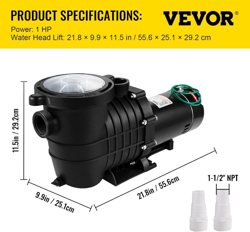 Photo 1 of VEVOR Swimming Pool Pump, 1HP 110V 5220GPH Powerful Self-priming Up to 36ft Head Lift, for In/Above Ground Pool Water Circulation, w/ Strainer Basket and 2pcs 1-1/2'' NPT Connectors, UL Certified