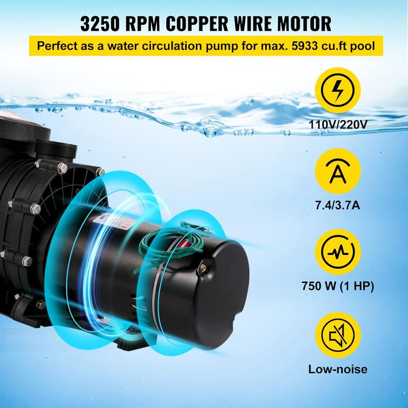 Photo 1 of VEVOR Swimming Pool Pump, 1HP 110V 5220GPH Powerful Self-priming Up to 36ft Head Lift, for In/Above Ground Pool Water Circulation, w/ Strainer Basket and 2pcs 1-1/2'' NPT Connectors, UL Certified