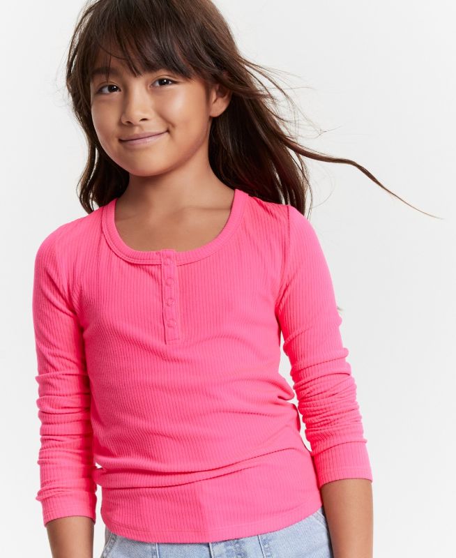 Photo 1 of Epic Threads Girls Ribbed-Knit Long-Sleeve Henley - Vivacious Pink - Size S (7/8)