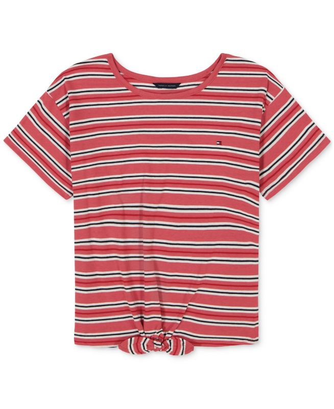 Photo 1 of Tommy Hilfiger Toddler Girls Striped Tie-Front T-Shirt - Holly Berry - Size 4T