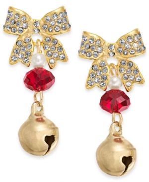 Photo 1 of Holiday Lane Gold-Tone Pave Bow & Bell Drop Earrings - Gold