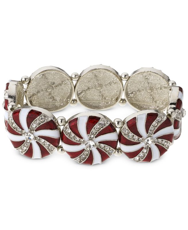 Photo 1 of Holiday Lane Silver-Tone 9Crystal Peppermint Statement Stretch Bracelet - Red
