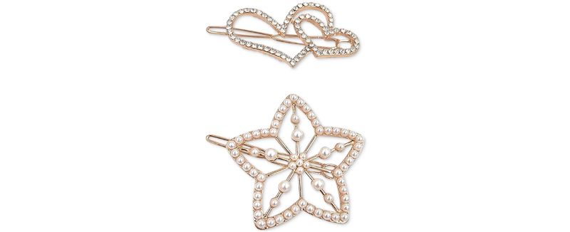 Photo 1 of INC 2-Pc. Gold-Tone Crystal & Imitation Pearl Heart & Star Hair Barrette Set - Gold