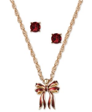 Photo 1 of Charter Club Gold-Tone Bow Pendant Necklace & Crystal Stud Earrings Set - Gold/Red 