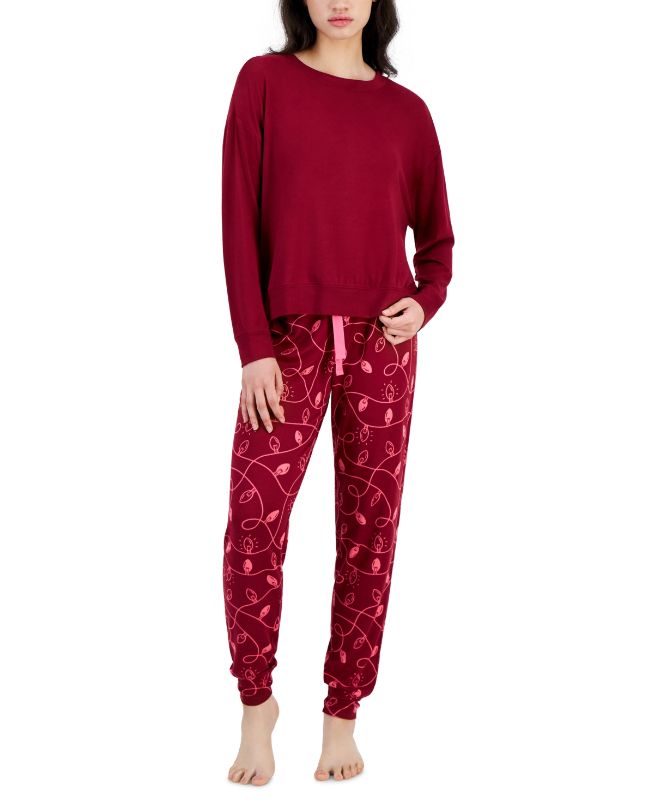 Photo 1 of Jenni Women’s 2-Pc. Long-Sleeve Packaged Pajamas Set - Wine/Christmas Lights - Size Small