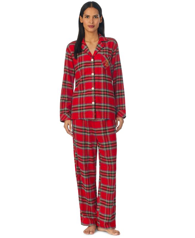 Photo 1 of Lauren Ralph Lauren Women's 2-Pc. Long-Sleeve Notched-Collar Pajamas Set - Red Plaid - Size Large