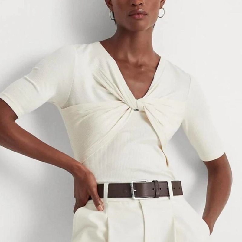 Photo 1 of Lauren Ralph Lauren Women's Twist Front Ribbed Pullover Top - Winter Cream - Size Large 