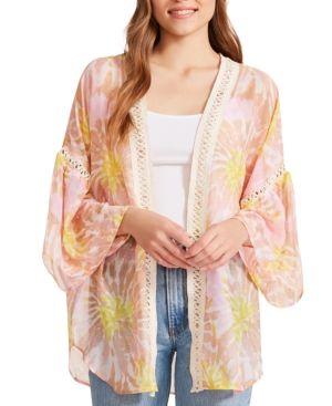 Photo 1 of STEVE MADDEN Women's Pink Sheer Crochet Trimmed Tie Dye Kimono Sleeve Open Front Kimono Top ONE SIZE