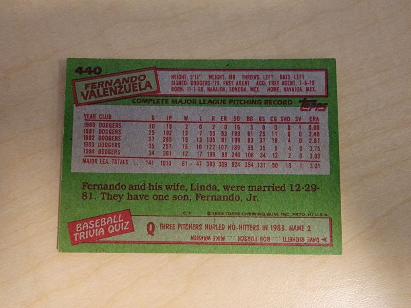 Photo 2 of 1985 FERNANDO VALENZUELA TOPPS CARDS - VERY GOOD CONDITION