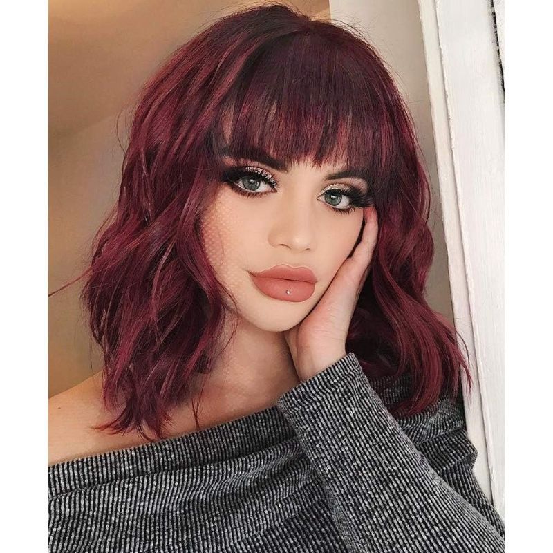 Photo 1 of Curly Bob Wig with Bangs Short Wavy Wine Red Color Wigs for Women Bob Style Synthetic 