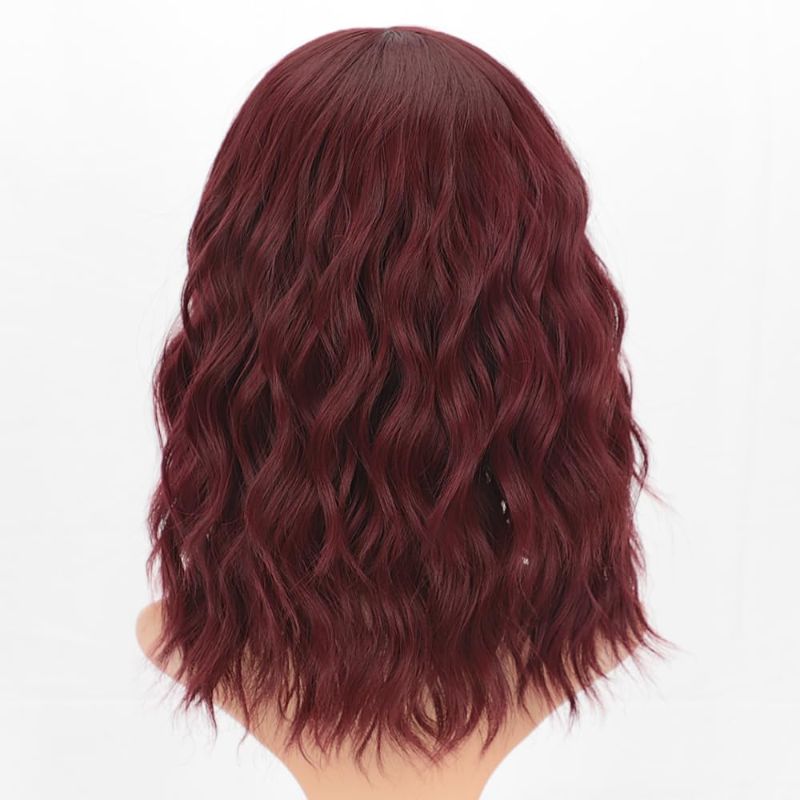 Photo 3 of Curly Bob Wig with Bangs Short Wavy Wine Red Color Wigs for Women Bob Style Synthetic 