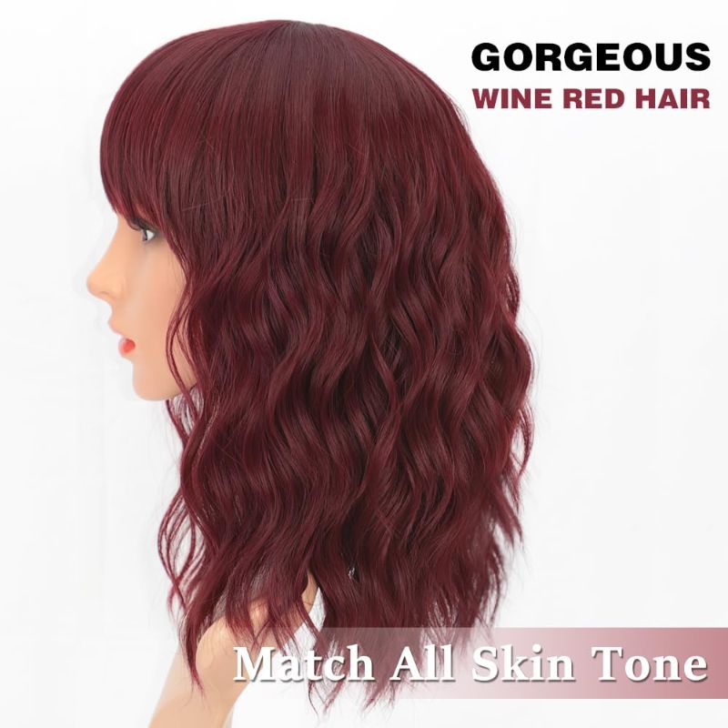 Photo 2 of Curly Bob Wig with Bangs Short Wavy Wine Red Color Wigs for Women Bob Style Synthetic 