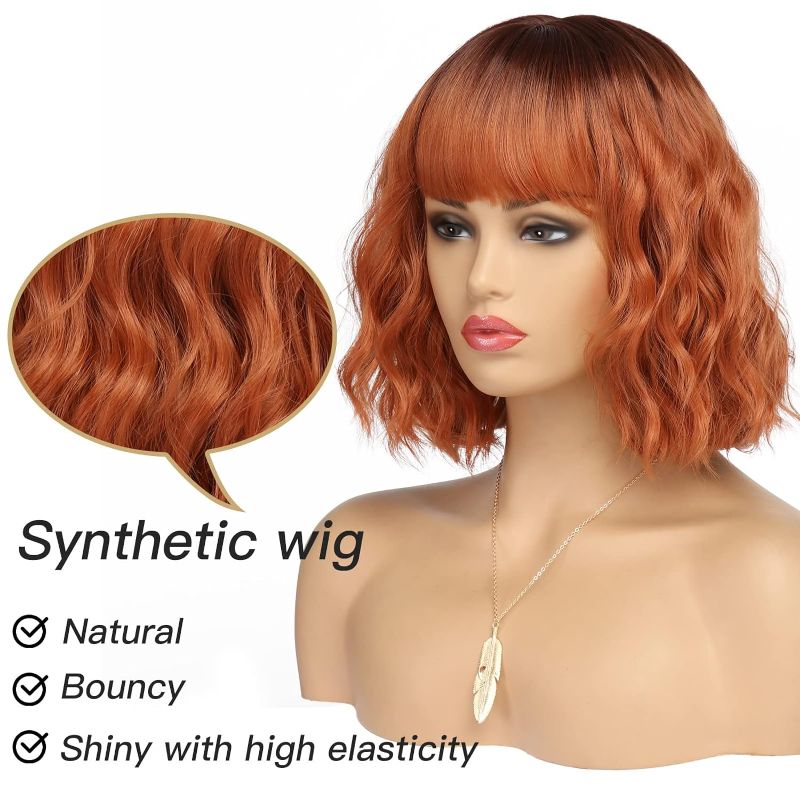 Photo 2 of Short Copper Red Wigs for Women Fox Red Wig Ombre Red Dark Root Culy Bob Wigs with Bangs Ginger Hair Wig Wavy Synthetic