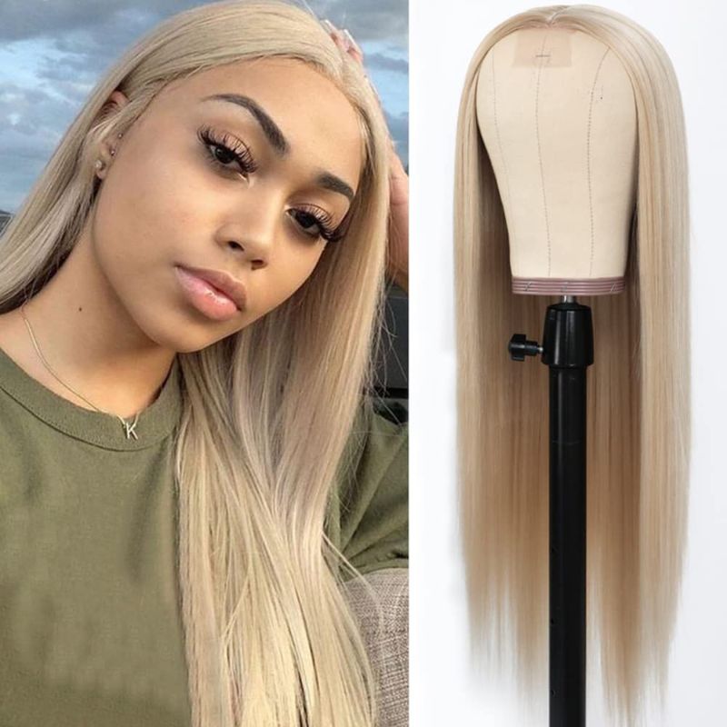 Photo 1 of Ash Blonde Synthetic Hair Straight Long Layers Hair Mixed Platinum Blonde Color Natural Hair Line Full Lace Line