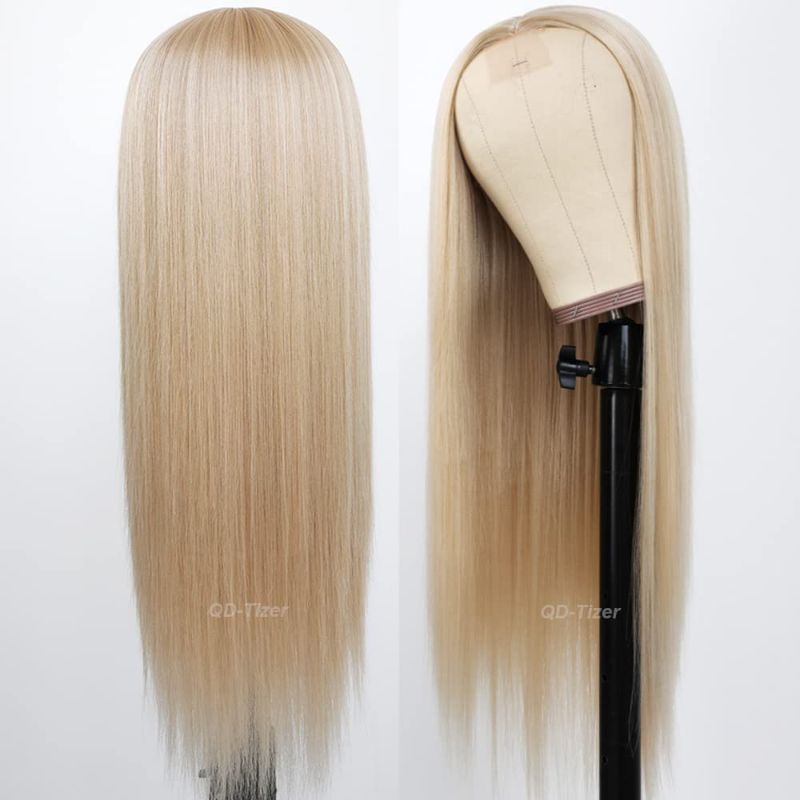 Photo 2 of Ash Blonde Synthetic Hair Straight Long Layers Hair Mixed Platinum Blonde Color Natural Hair Line Full Lace Line