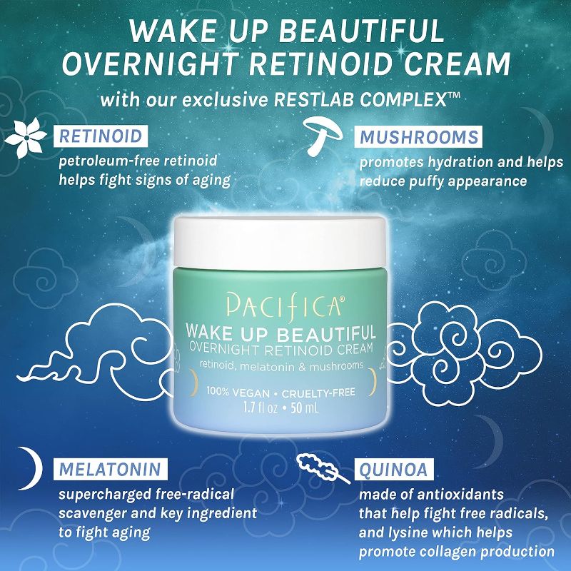 Photo 3 of Pacifica Beauty, Wake Up Beautiful Overnight Retinoid Night Face Cream, Moisturizer for Dry and Aging Skin, Gentle for Sensitive Skin, Hyaluronic Acid + Melatonin, Clean, Vegan & Cruelty Free