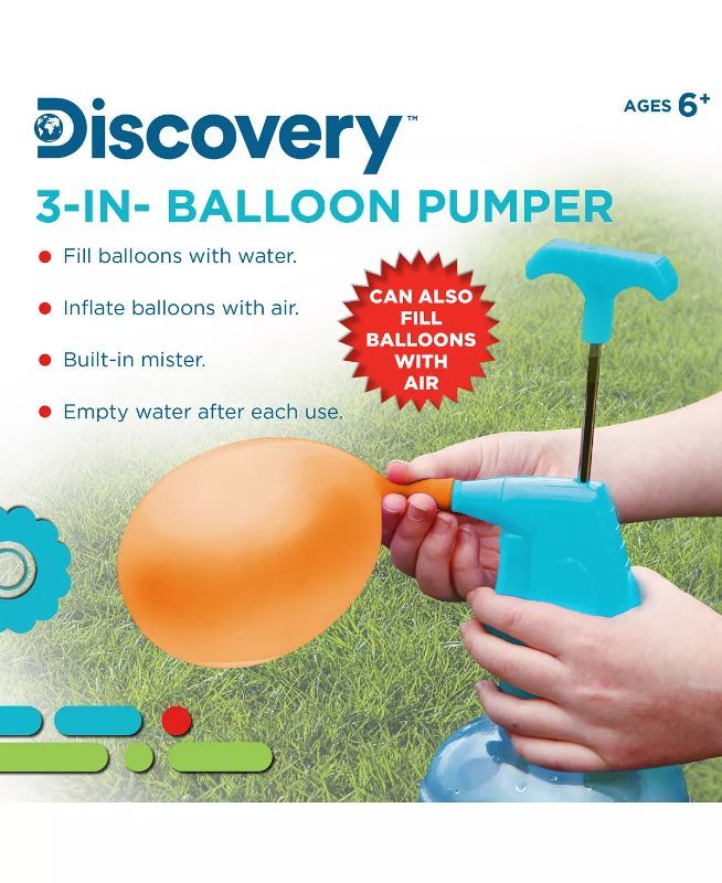 Photo 2 of Discovery Kids 3-in-1 Balloon Pumper with 250 Multicolor Water Balloons - The Discovery Kids 3-in-1 Balloon Pumper lets you fill up balloons with air or water and even features a mister function to cool you down between splashes.

250 BALLOONS: The Discov