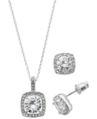 Photo 1 of Silver Plate Cubic Zirconia Necklace and Stud Earring Set, 18" + 3" extender
Indulge in the luxurious sparkle of this cubic zirconia halo jewelry set, featuring a beautiful pendant necklace and matching stud earrings.

Set in a fine silver plate or 14k go