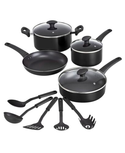 Photo 1 of Bella 12-PC. Cookware Set - Black. Get a set of essentials that you'll turn to every day with this collection from Bella, a selection of four must-have pots and pans with easy-use nonstick coatings. Set includes: 9.5" frypan and lid that's also compatible