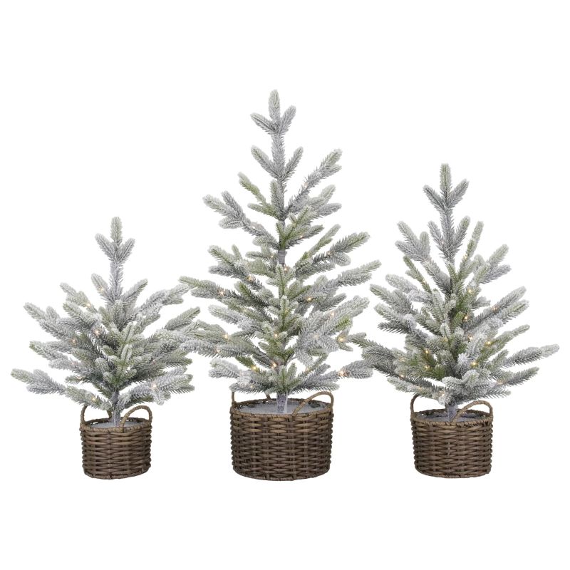 Photo 2 of Set of 3 pieces Flocked Trees With LED Lights/  Light up your home this holiday season with this 3 piece flocked tree set in beautiful woven vinyl baskets. Suitable for indoor or outdoor use, this set is illuminated with twinkling LED lights for a festive