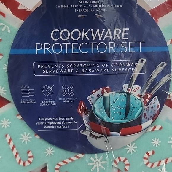 Photo 1 of 3-Piece Set Cookware Protectors Holiday Collection. Prevent your cookware from chipping, scratches and other damage with the help of these felt protectors from Core Home, featuring a thin design for seamless stacking. Set includes: small protector (approx