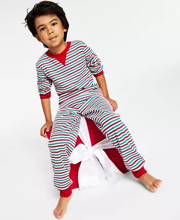 Photo 2 of Size S(6-7) FAMILY HOLIDAY PAJAMAS Matching Kid's Thermal Waffle Holiday Stripe Pajama Set,