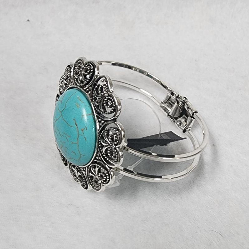 Photo 2 of Southwestern Hinge Clamp Cuff Bracelet Faux Turquoise Vintage Look