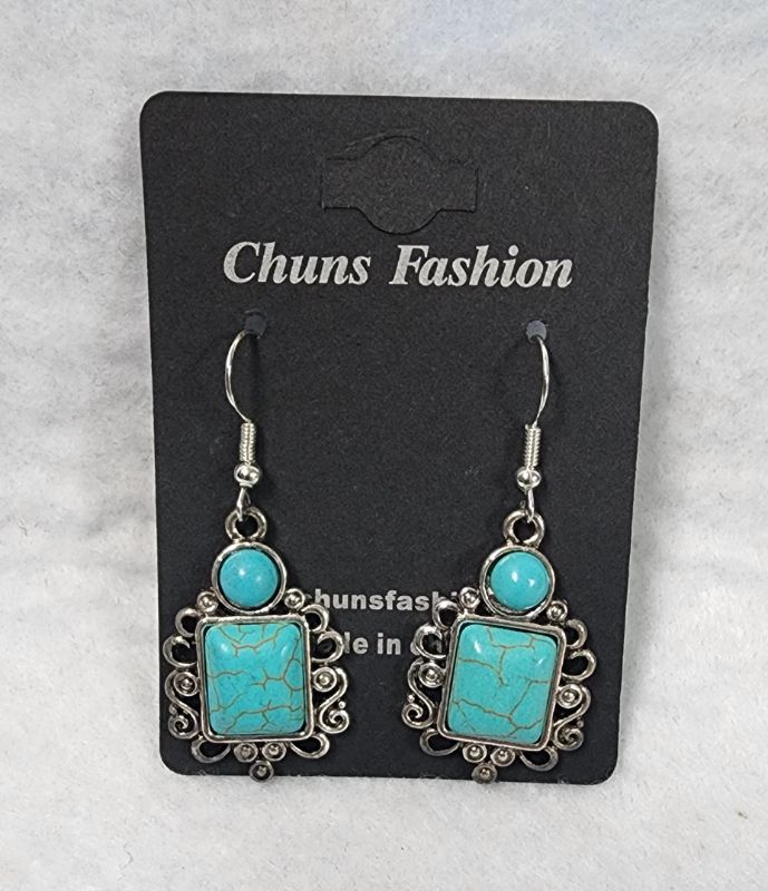 Photo 1 of Faux-Turquoise Earrings Silver Tone Dangle Southwest Antiqued Embossed