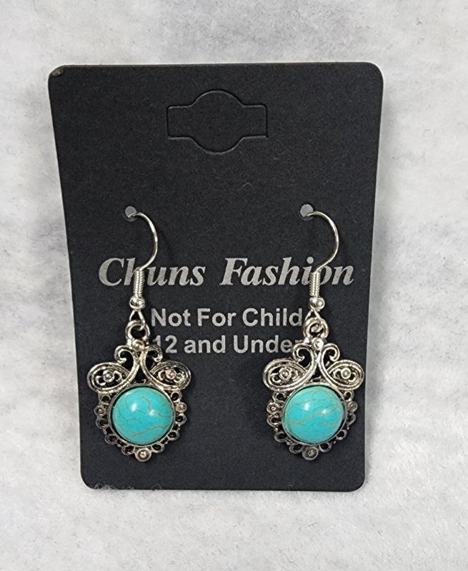 Photo 1 of Faux-Turquoise Earrings Silver Tone Dangle Southwest Antiqued Embossed