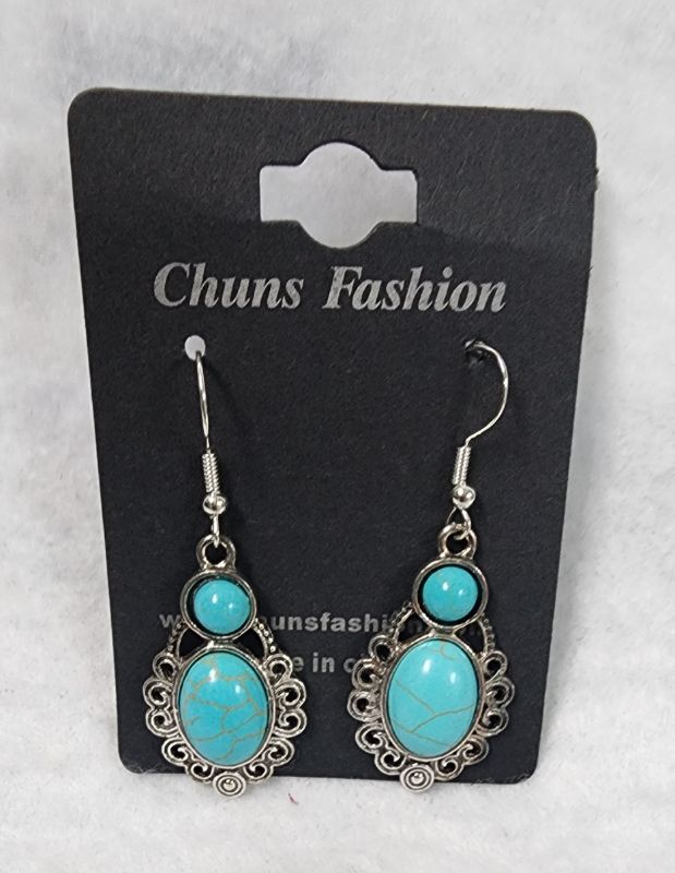 Photo 1 of Faux-Turquoise Earrings Silver Tone Dangle Southwest Antiqued Embossed