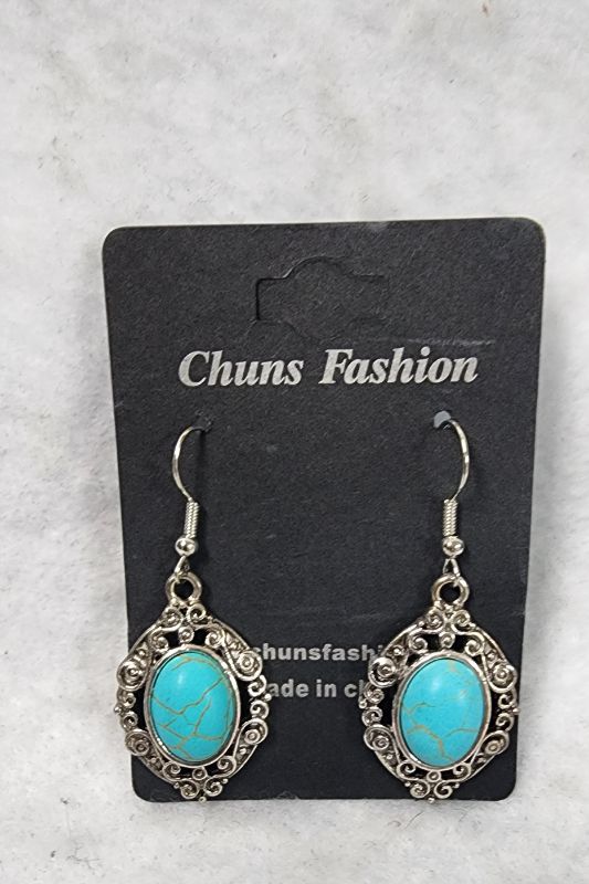 Photo 1 of Faux-Turquoise Earrings Silver Tone Dangle Southwest Antiqued Embossed