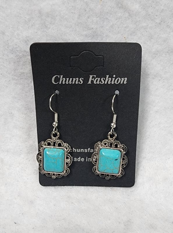 Photo 1 of Faux-Turquoise Earrings Silver Tone Dangle Southwest Antiqued Embossed